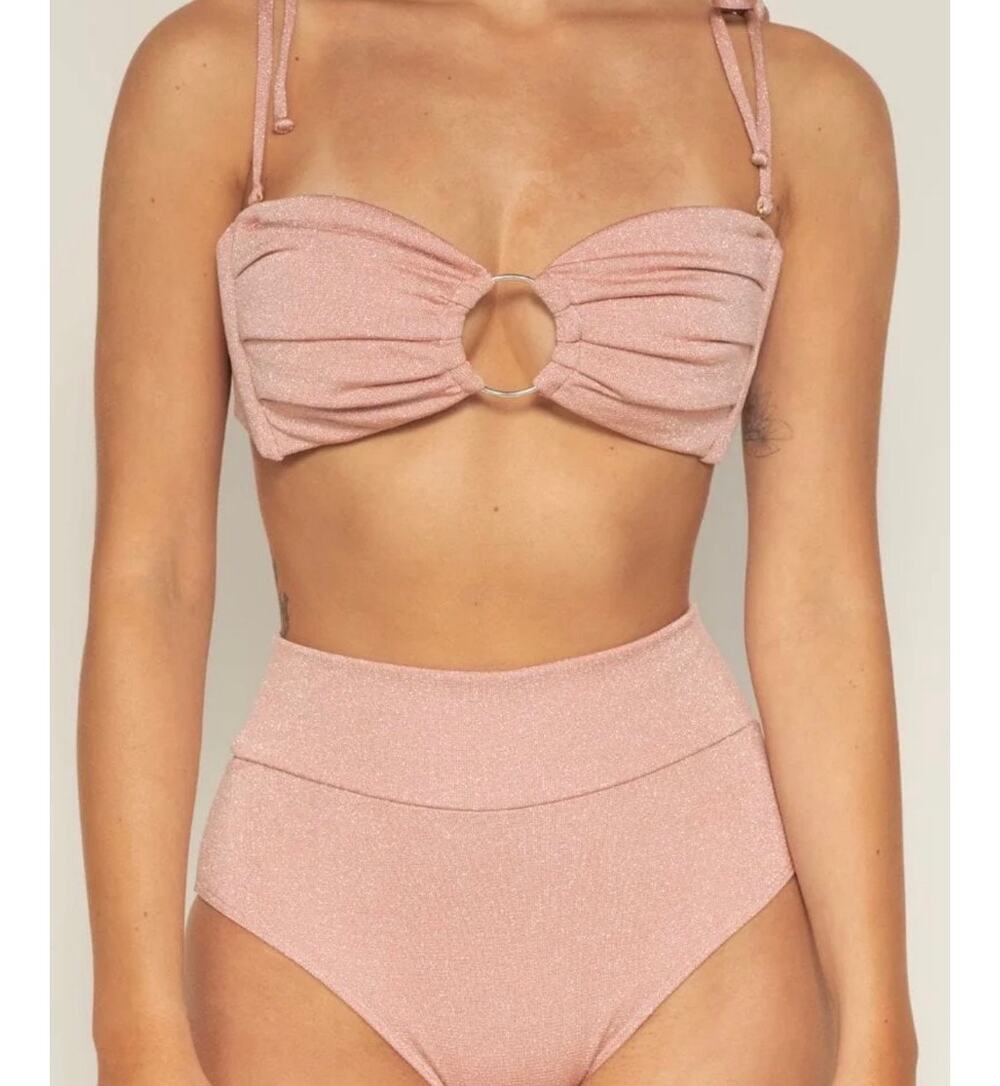 Montce Prima Pink Sparkle Tori Bandeau High Rise Bikini Set Medium NWT
